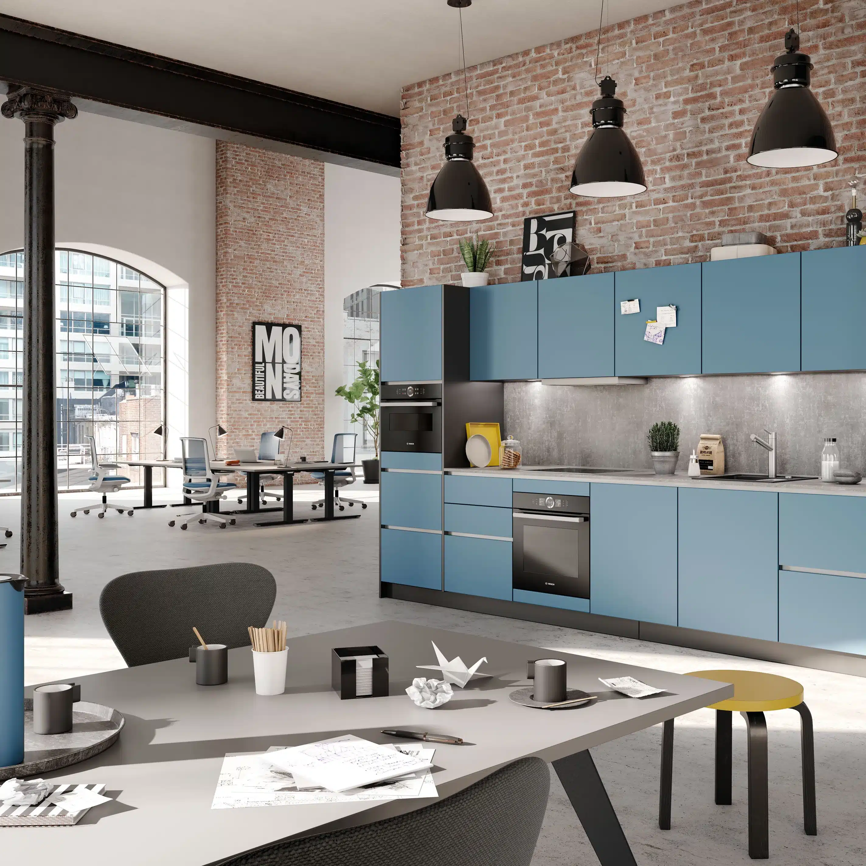 Büromöbel - Bürodesign Angerer - Moderne Loftküche mit blauer Einbauküche und Backsteinwand – Salzburg - Berchtesgadener Land