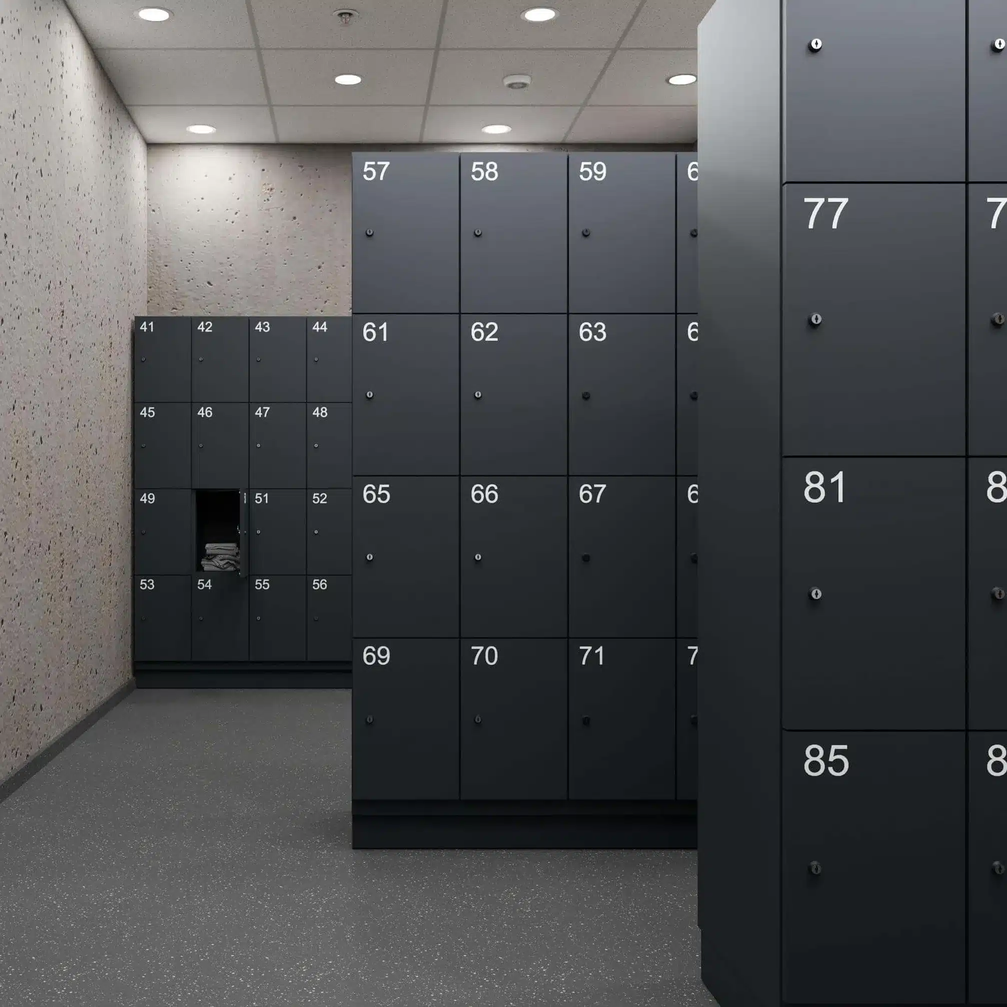 Büromöbel - Bürodesign Angerer - Moderner Umkleideraum mit nummerierten Schließfächern in einem Fitnessstudio – Salzburg - Berchtesgadener Land