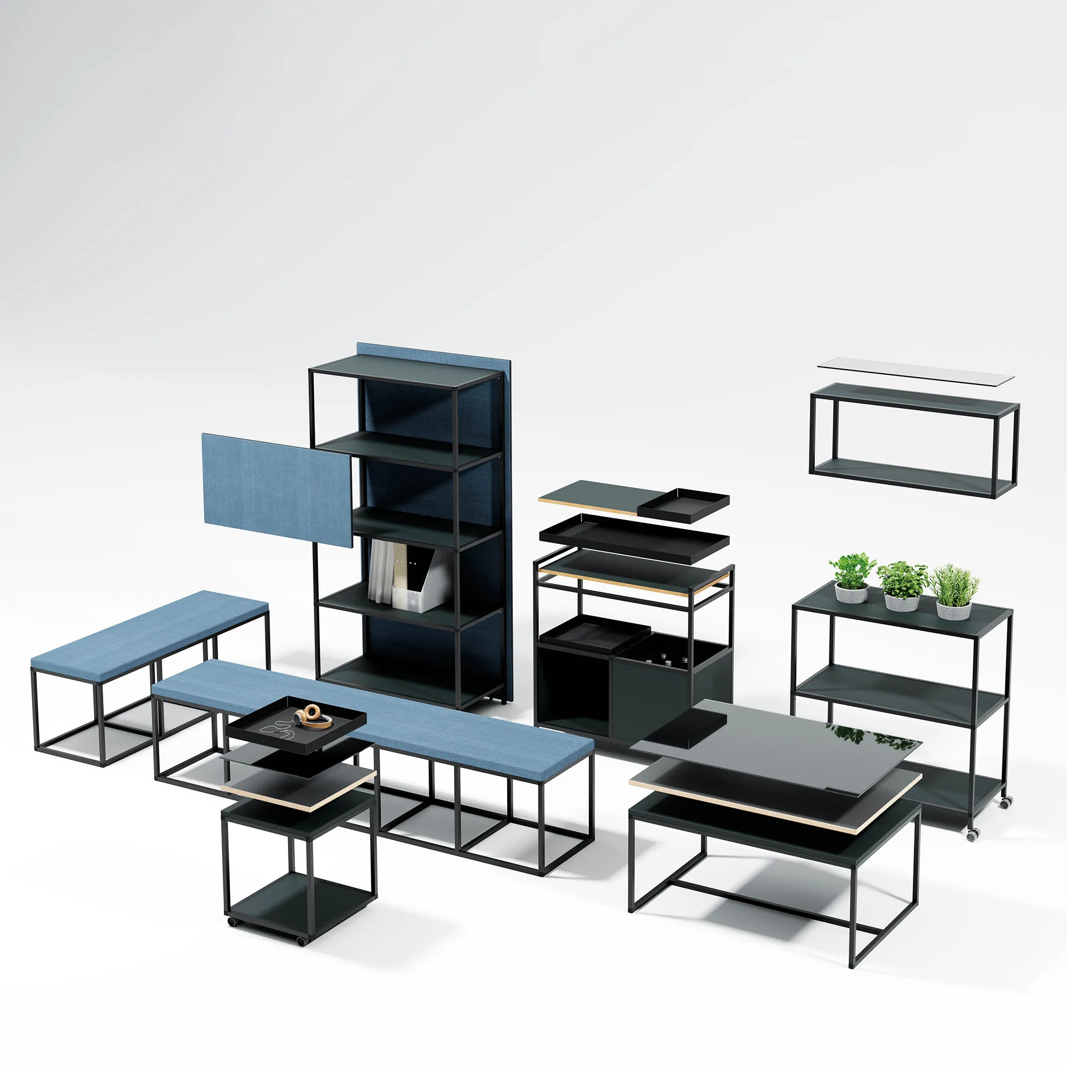 Büromöbel - Bürodesign Angerer - Modulare schwarze Metallmöbel mit blauen Akzentflächen – Salzburg - Berchtesgadener Land